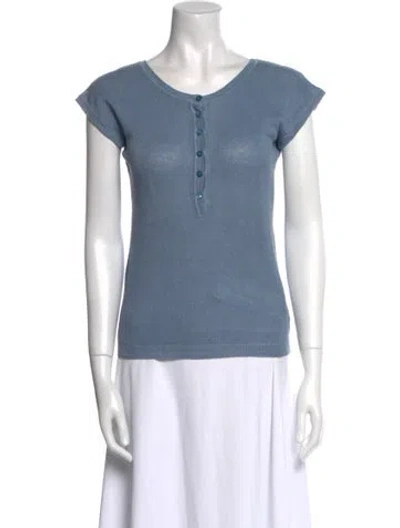 Pre-owned 100% Capri Linen Scoop Neck Sweater In Blue