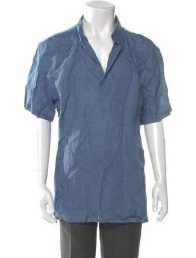Pre-owned 100% Capri Linen Short Sleeve Shirt In Blue