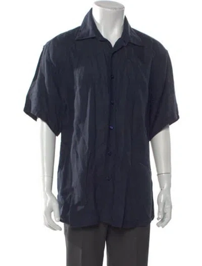 Pre-owned 100% Capri Linen Short Sleeve Shirt In Blue