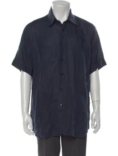 Pre-owned 100% Capri Linen Short Sleeve Shirt In Blue