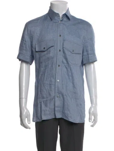 Pre-owned 100% Capri Linen Short Sleeve Shirt In Blue