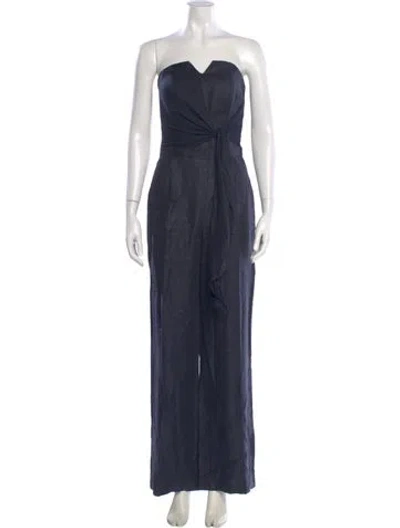 Pre-owned 100% Capri Linen Strapless Jumpsuit In Blue