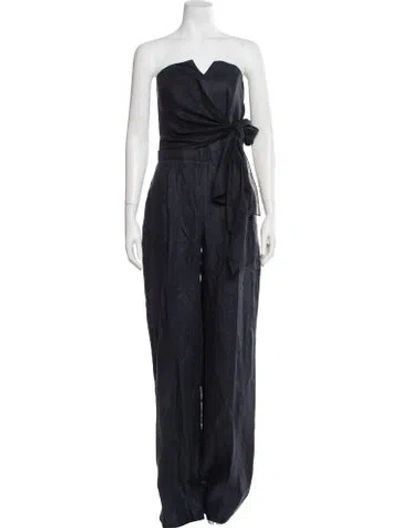 Pre-owned 100% Capri Linen Strapless Jumpsuit In Blue