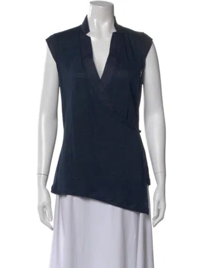 Pre-owned 100% Capri Linen V-neck Top In Blue