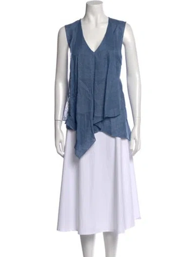 Pre-owned 100% Capri Linen V-neck Top In Blue