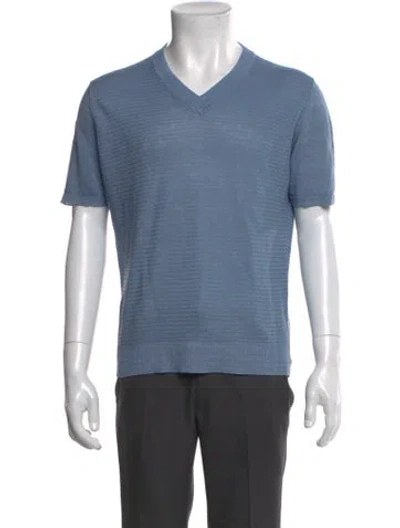 Pre-owned 100% Capri Linen V-neck T-shirt In Blue