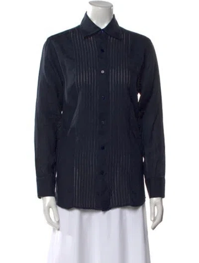 Pre-owned 100% Capri Striped Long Sleeve Button-up Top In Blue