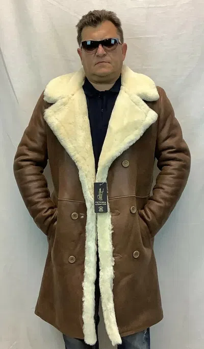 Pre-owned 100% Cognac  Real Sheepskin Shearling Leather Long Trench Coat Jacket Xs-8xl, In Brown