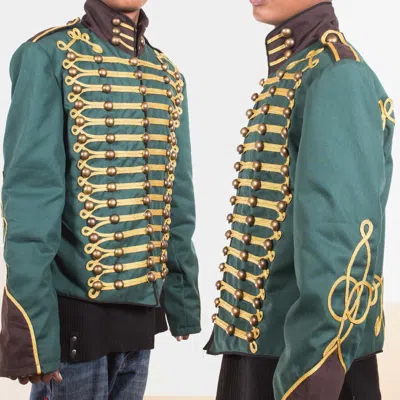 Pre-owned 100% Green Steampunk Military Jacket With Gold Braiding