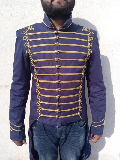 Pre-owned 100% Men's Blue Steampunk Military Gothic Coat Style Officer Hussar Jacket