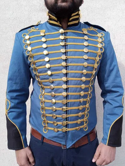 Pre-owned 100% Men's Fashion Braided Jacket, Men's Napoleonic Hussar Jacket In Blue