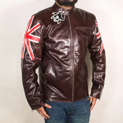 Pre-owned 100% Men's Fashion Uk Flag Brown Leather Jacket, Men's Biker Leather Jacket