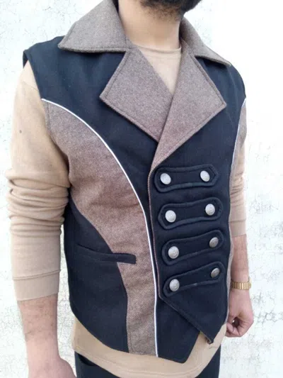Pre-owned 100% Men's Gothic Style Vest, Men's Steampunk Military Waistcoat Black Brown Vest