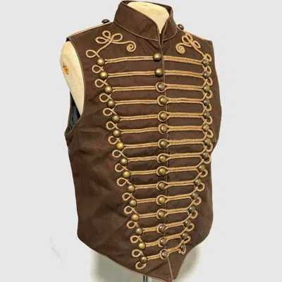 Pre-owned 100% Men's Military Army In Dull Brown With Antique Gold Braiding Hussar Waistcoat