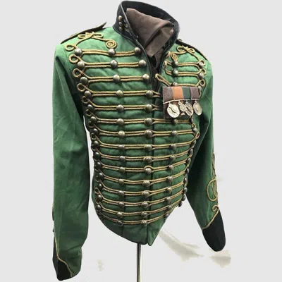 Pre-owned 100% Men's Military Hussar In Distressed Green Black Front Antique Gold Braiding In Red