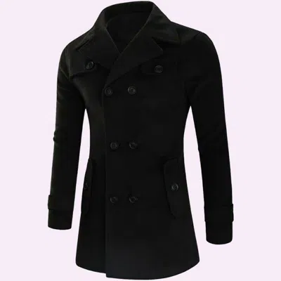 Pre-owned 100% Men's Wool Jacket Double Breasted Outdoor Slim Fit Trench Coat In Black