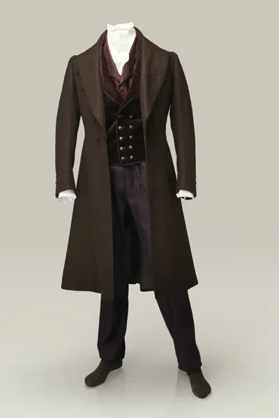 Pre-owned 100% Men's Wool Long Frock Coat In Brown