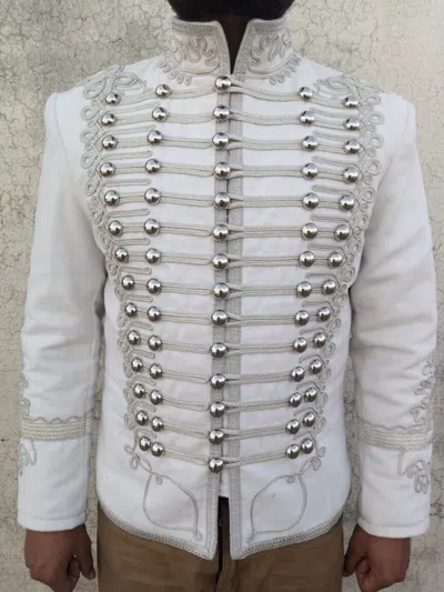 Pre-owned 100% Military Men's Hussar Jacket, Hussar Jacket For Men, Wool Hussar Jacket In White