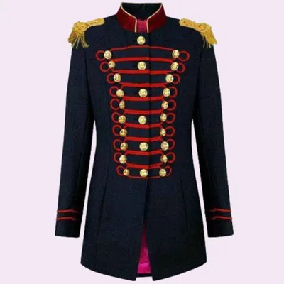 Pre-owned 100% Navy Blue And Red Gothic Wool Braid Coat Jacket