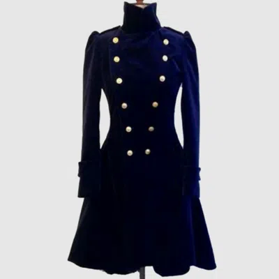 Pre-owned 100% Navy Blue Women Velvet Coat Double Breasted Frock Velvet
