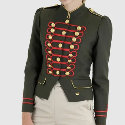 Pre-owned 100% Women's Green And Red Trim Gold Buttons Military Jacket
