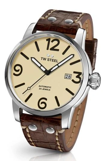 Tw Steel Maverick Automatic Leather Strap Watch, 48mm In Brown