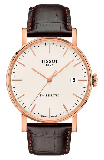 Tissot Everytime Swissmatic Leather Strap Watch, 40mm In Brown/ White/ Rose Gold