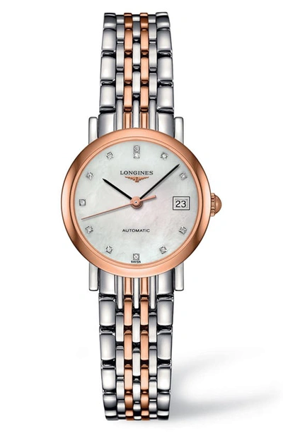 Longines Elegant Automatic Diamond Bracelet Watch, 25.5mm In Silver/ Mop/ Rose Gold