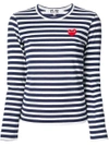 Comme Des Garçons Play Navy Long Sleeve Striped Heart Patch T-shirt