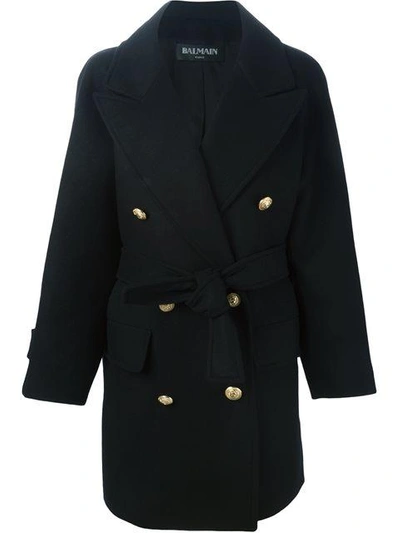 Balmain Double-breasted Mid-length Coat In Black