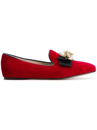 Gucci Ballet Flats Etoile Loafers In Soft Velvet With Macro Bow And Bee Detail In Red