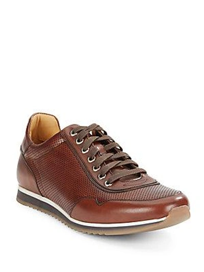 Saks Fifth Avenue Perforated Leather Trainers In Cognac