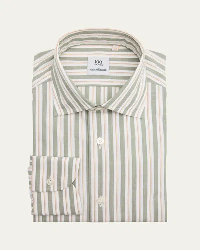 100hands Men's Linen Stripe Spread-collar Dress Shirt In Grnpat