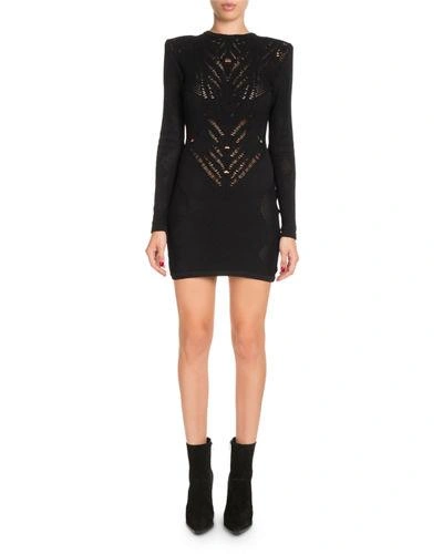 Balmain High-neck Long-sleeve Knit Lace Short Dress In Black