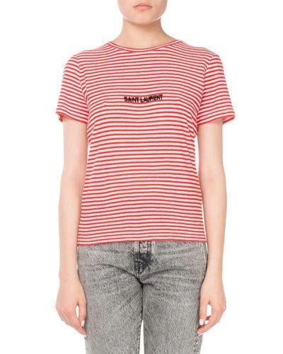 Saint Laurent Flocked Striped Cotton T-shirt In White/red