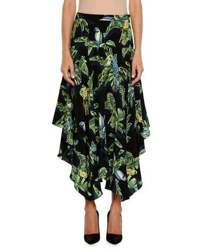 Stella Mccartney Asymmetric Parrot-print Silk Midi Skirt In Green