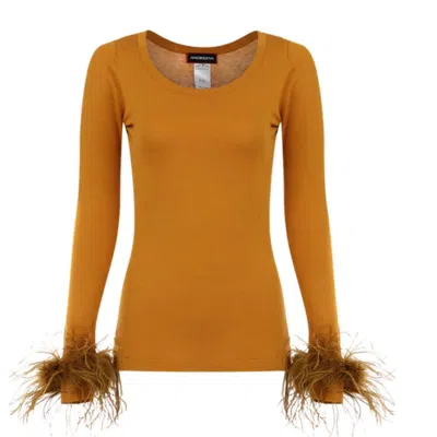 Andreeva Camel Knit Top With Detachable Feather Cuffs In Brown