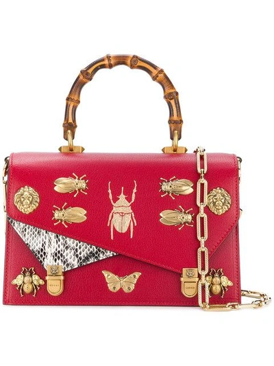 Gucci Small Linea P Painted Insects Leather Top Handle Satchel - Red In Rosso