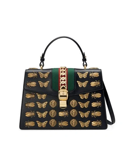 Gucci Sylvie Medium Top-handle Satchel Bag With Insect Embellishments In Green