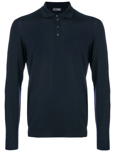Drumohr Long Sleeve Navy Blue Jersey Polo Shirt In Dark Blue