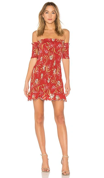 Zimmermann Corsair Off-the-shoulder Shirred Printed Linen And Cotton-blend Dress In Red