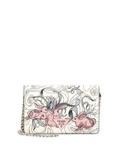 Prada Glace Rabbit-print Small Crossbody Bag In White Pattern