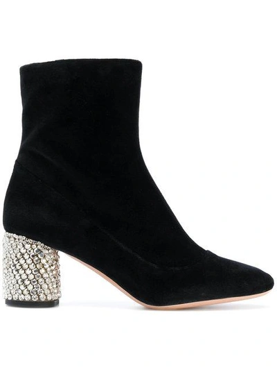 Rochas 60mm Velvet Boots With Crystal Heel In Black