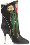 GUCCI FOSCA APPLIQUÉD EMBELLISHED TEXTURED-LEATHER ANKLE BOOTS