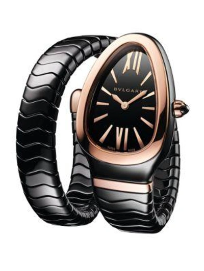 Bvlgari 35mm Serpenti Spiga 18k Rose Gold Black Ceramic Wrap Watch With Diamonds
