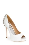 Badgley Mischka 'kiara' Crystal Back Open Toe Pump In White Satin