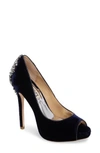 Badgley Mischka 'kiara' Crystal Back Open Toe Pump In Navy Velvet Fabric