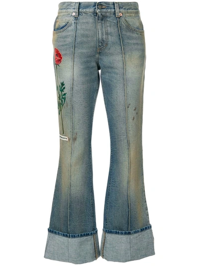 Gucci Embroidered Flared Jeans With Turned Cuffs In Blue