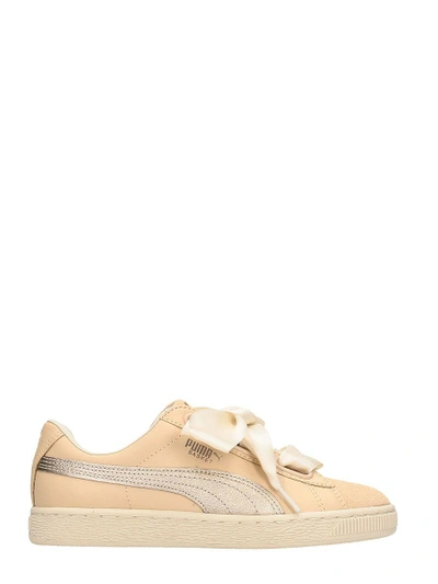 Puma Pink Leather Basket Heart Up Sneakers In Natural
