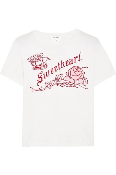 Re/done Sweetheart Flocked Printed Cotton-jersey T-shirt In Vintage White